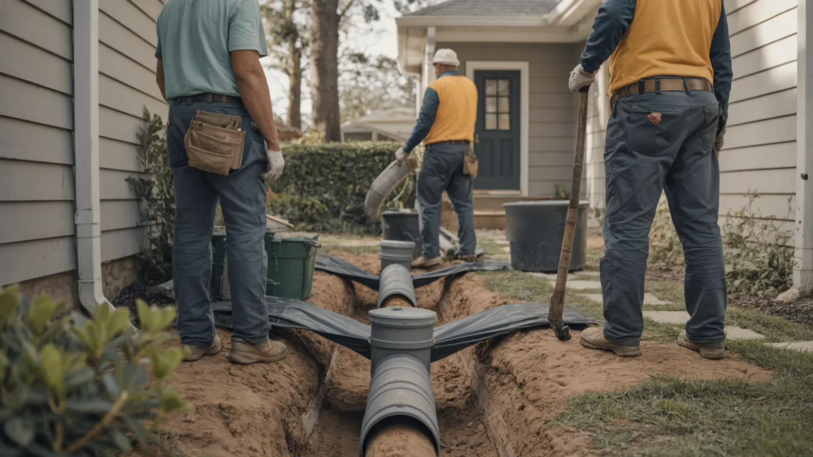 Controlled residential sewer lateral excavation with new pipe staged in a protected work area