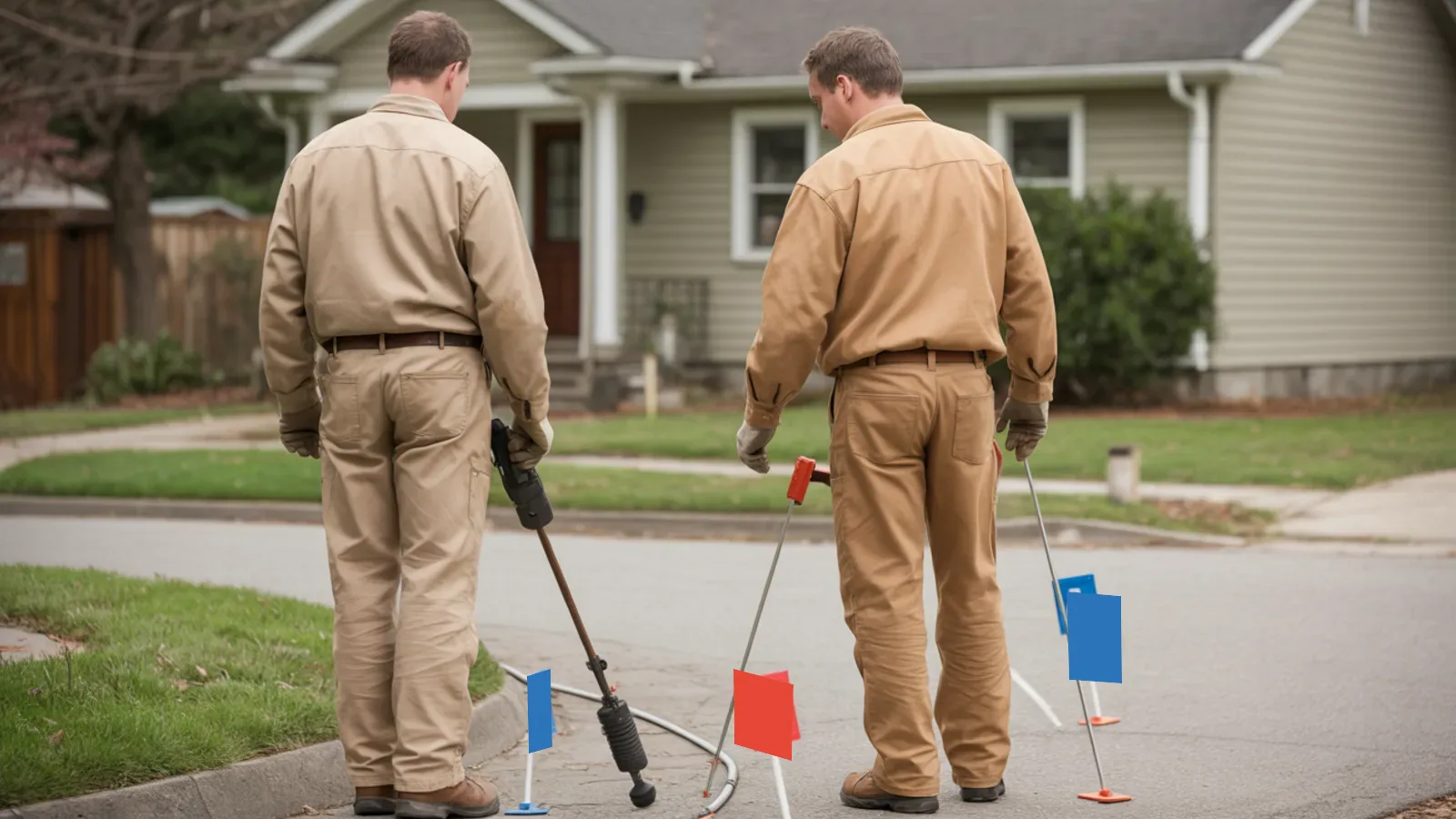 Sewer locator technicians marking a private route toward the public street
