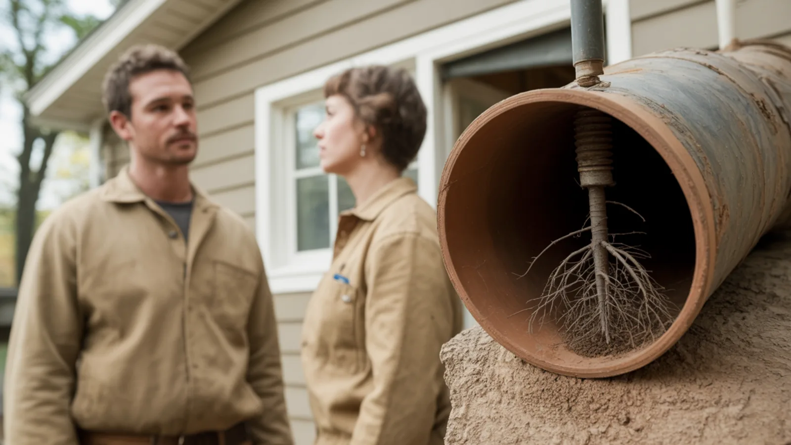 Fine tree roots entering a clay sewer pipe through a separated joint